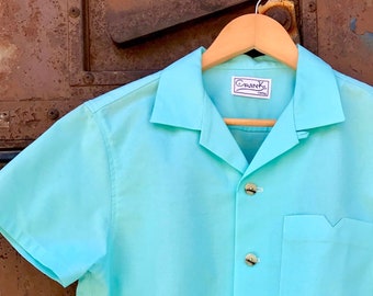 Open collar shirt, camp collar, short sleeves, Aqua blue / FREE SHIPPING