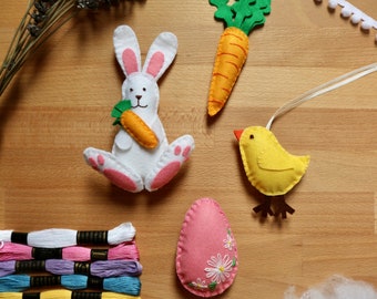 Make your own Felt Easter Decorations Bundle KIT | Beginners Embroidery | Bunny Rabbit | Egg | Chick | Carrot | Children Craft