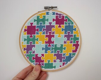 Jigsaw Cross Stitch Kit | Beginners | Aida | Embroidery Thread | Cotton | Hoop | Crossstitch | Pastel | Bright | Children's Room