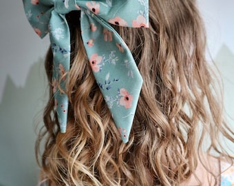Floral Hair Bow Barrette | Flowers | Hair Accessories | Green Floral | 100% Cotton | Handmade | British Fabric