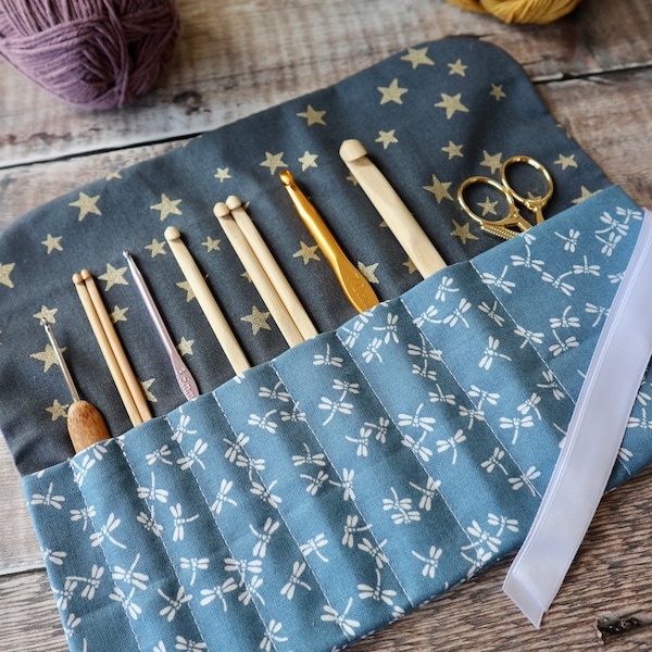 Blue Dragonflies Crochet Hook Roll | Pencil Roll | Crochet Organiser | Dragonfly Fabric | 100% Cotton