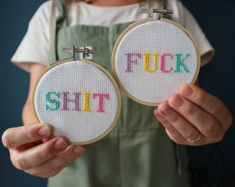 Tiny Beginners 3" Hoop Cross Stitch Kit | Embroidery | Bamboo Hoop | Crossstitch | Swear Words | F*ck | Sh*t