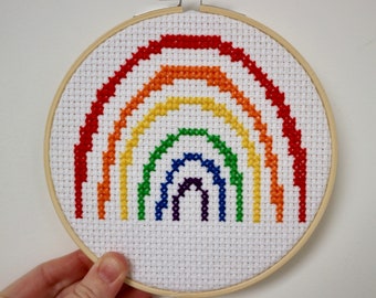 Beginners Rainbow Cross Stitch Kit | 8 count white Aida | Embroidery Thread | Cotton Thread | Bamboo Hoop