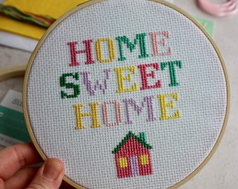 Home Sweet Home Cross Stitch Kit | Beginners | Embroidery Thread | Hoop | Crossstitch | New Home  | Pink | Green | House