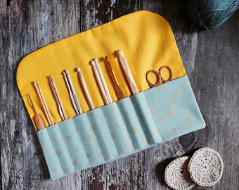 Metallic Stars Crochet Hook Roll | Pencil Roll | Crochet Organiser | Star Fabric | 100% Cotton | Mustard Yellow | Sky Blue | Gold | Silver