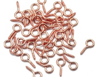 100 Mini Screw Eye Pins for Jewellery Making Findings, Rose Gold Colour 4 x 8mm