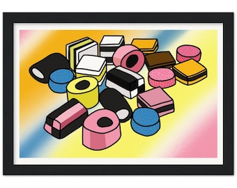 Liquorice Allsorts Wooden Framed Poster, 8 x 12" Colourful poster, Candy Artwork, Bright Homeware, Funky Picture, Colourful gift,