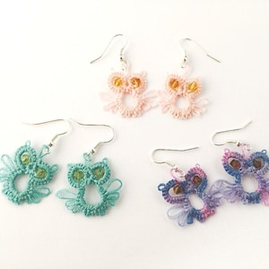 Tatted Owl Dangle Earrings - Owl Jewellery - Cute Owl Jewelry - Owl Earrings - Wise Owls - Sewn Unusual Earrings Pink, Green, Purple