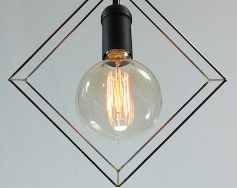 Cube pendant light, industrial lighting, square, modern lighting, geometric lighting, black socket, black fabric cord, black ceiling canopy