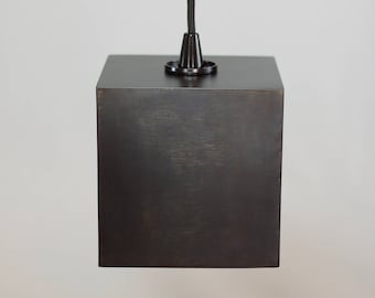 Minimalist cube light, geometric plug in pendant lamp, patina black square, mid century modern black retro fabric covered cord gift for him