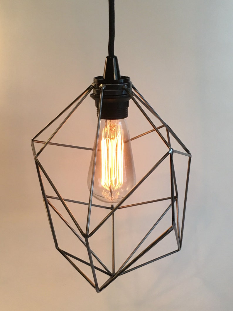 Geometric lighting, pendant light, plug in pendant, fabric cord, edison light bulb, swag light, indistrial cage light, asymmetric lighting image 2