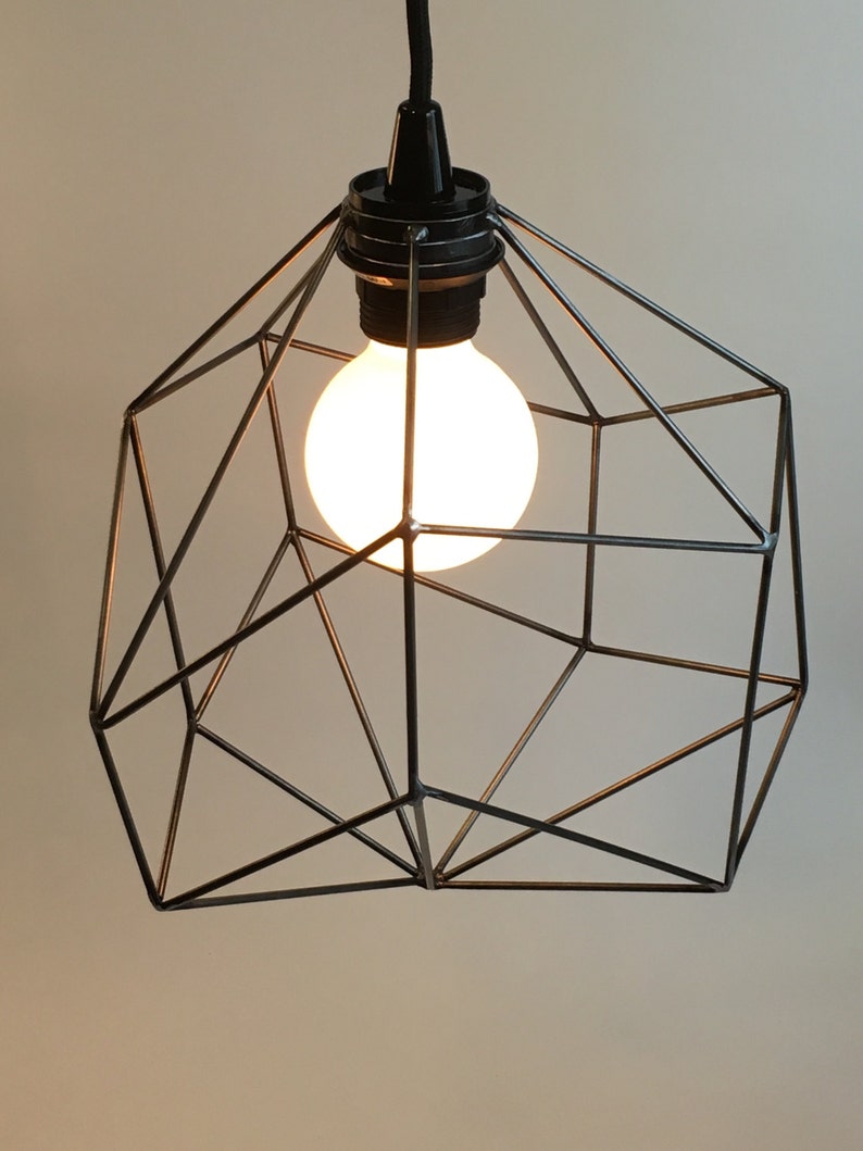Geometric lighting, pendant light, plug in pendant, fabric cord, edison light bulb, swag light, indistrial cage light, asymmetric lighting image 3