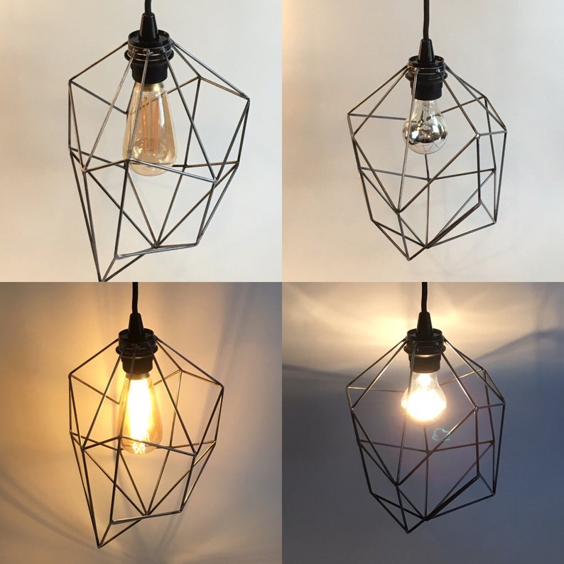 Geometric lighting, pendant light, plug in pendant, fabric cord, edison light bulb, swag light, indistrial cage light, asymmetric lighting image 5