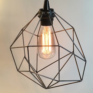 Geometric lighting, pendant light, plug in pendant, fabric cord, edison light bulb, swag light, indistrial cage light, asymmetric lighting image 1