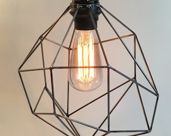 Geometric lighting, pendant light, plug in pendant, fabric cord, edison light bulb, swag light, indistrial cage light, asymmetric lighting