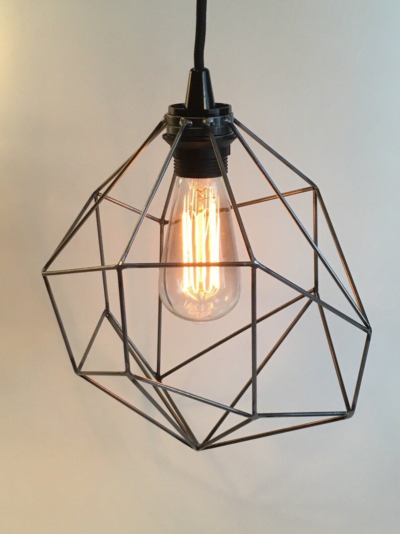 Geometric lighting, pendant light, plug in pendant, fabric cord, edison light bulb, swag light, indistrial cage light, asymmetric lighting image 1