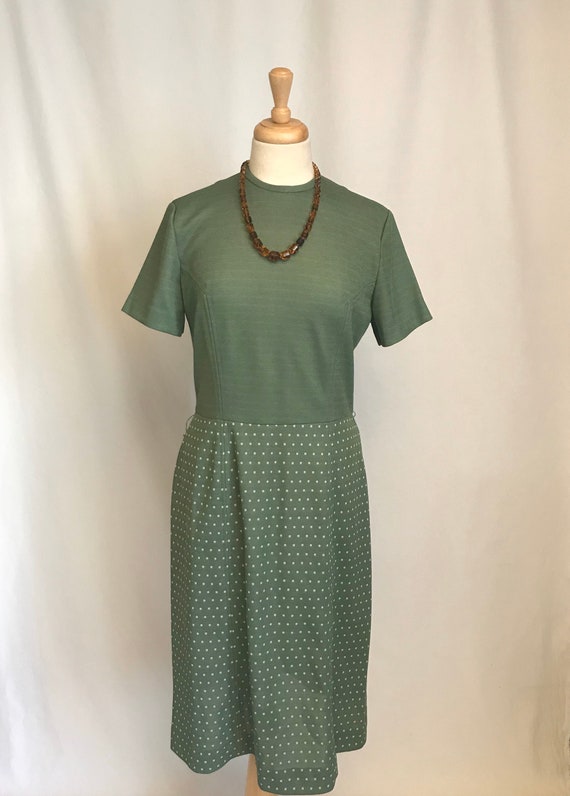 1960s Melanie Daniels Avocado Green Polka Dot Dres