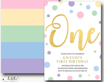 First birthday invitation girl/1st birthday invitation girl/pastel polka dots birthday/gold birthday invitation/Editable template-Gwendi