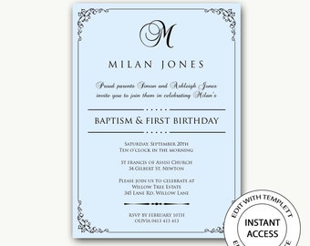 Baptism & First Birthday Invitation/Girls baptism invitation/First Birthday Invitation/printable/editable template/Holy Communion-Milan