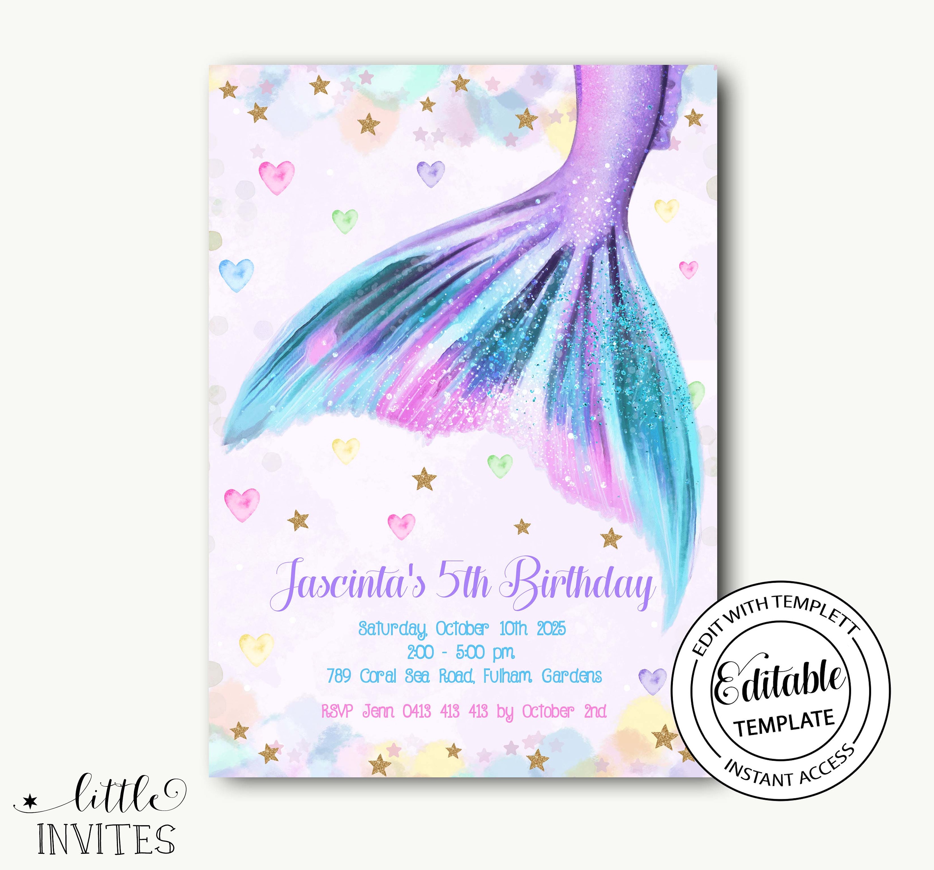 Editable Mermaid Birthday Party Invitation Girl Pool Party