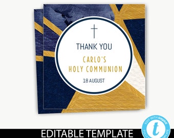 Baptism favor tag blue and gold/Instant Download/editable template/thank you tags/bonbonniere/favor tag/christening/Holy Communion-Carlo