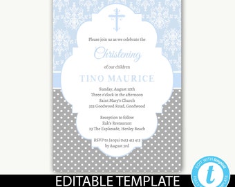 Baptism Invitation instant download boy/Christening invitation/Baptism Invitation for twins/Editable template/Confirmation/Communion-Tino