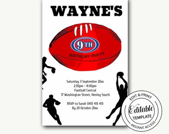 football invitation/Australian football birthday invitation/Aussie rules invite/Editable Template/printable-Wayne