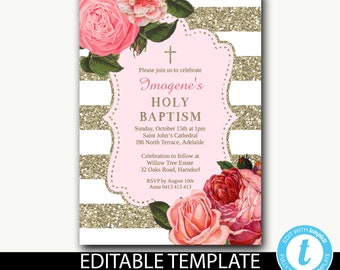 Pink and Gold Invitation instant download/Floral Baptism Invitation girl/Shabby Chic Invitation/Printable/Bridal Shower/Baby Shower-Imogene