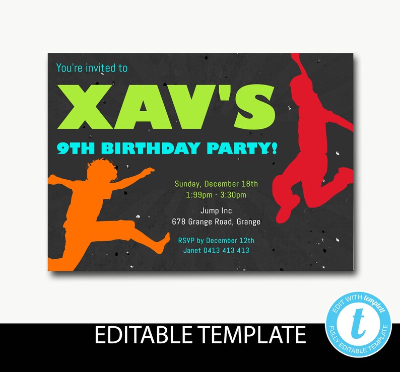 Trampoline birthday invitationJump invitationbounce invitationboys birthday invitationchalkEditable templateInstant download-Xav