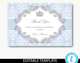 Thank you instant download/blue damask thank you card/blue thank you note for boys/baptism thank you/Editable template-Adriano