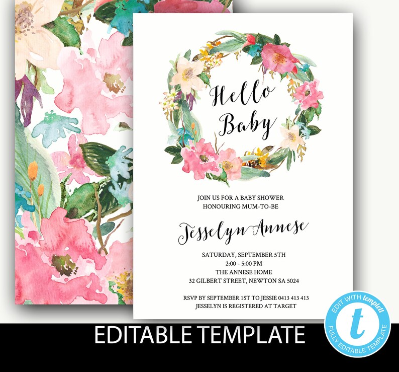Baby shower invitationivory baby shower invitationfloral invitationunisex baby showerEditable templateInstant download-Jesselyn