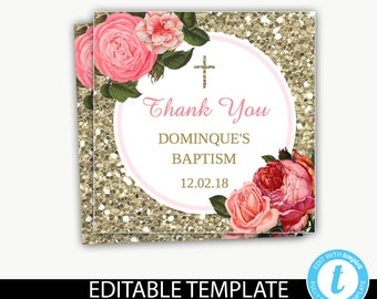 Baptism favor tag Instant Download/editable/floral thank you tags/bonbonniere/christening/confirmation/Communion thank you-Dominque Imogene