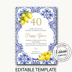 birthday invitation for her/lemon tile invitation/citrus birthday theme/instant download/positano invitation/Editable template-Poppy lemon