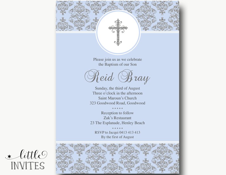 Boys Baptism InvitationBlue and Silver glitter Damask InvitationChristening InvitationprintableFirst Holy CommunionBlue Damask-Reid