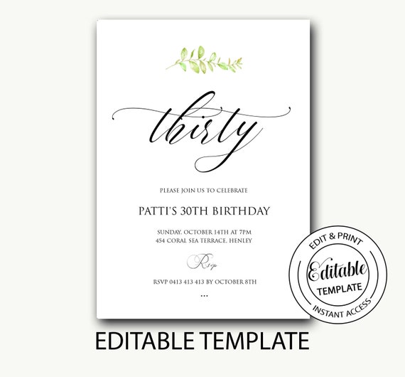 Greenery Invitation/30th Birthday Invitation/botanic Etsy Australia
