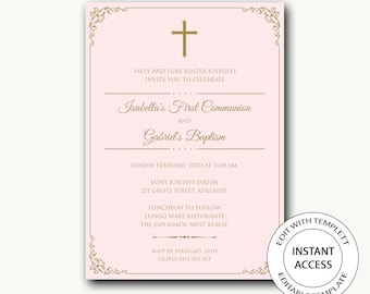 Baptism and birthday invitation/unisex invitation/Baptism invitation/Communion invitation/Instant download/Editable template-Isabella