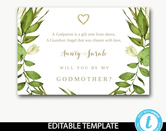 Will you be my godmother/godparent proposal card/godmother proposal/godfather proposals/baptism card/thank you/editable template/leaf-Bailey