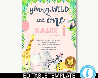 Young wild and three birthday invitations/young wild and one birthday invitations/Jungle animals/Editable template/Instant download-Kalee