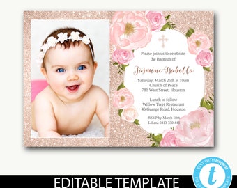 Baptism Invitation girl photo/baptism invitation instant download/rose gold glitter/floral invitation/Editable template/Communion-Jasmine