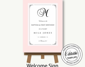 First Birthday and Baptism welcome sign Instant Download/pink and white welcome sign/baby shower/bridal shower A1/Editable template-Mila