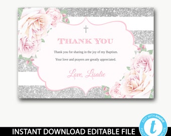Thank you instant download/baptism thank you instant download/pink silver glitter/floral invitation/Editable template/Communion-Lisalie 4x6