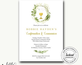 First Holy Communion and confirmation invitation/Unisex Invitation/Girl Boy baptism/greenery/wreath invitation/leaf/Editable template-Bobbie