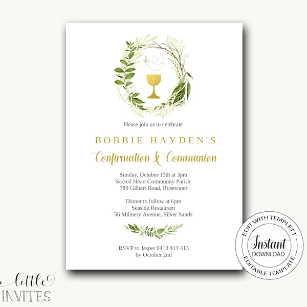 First Holy Communion and confirmation invitation/Unisex Invitation/Girl Boy baptism/greenery/wreath invitation/leaf/Editable template-Bobbie