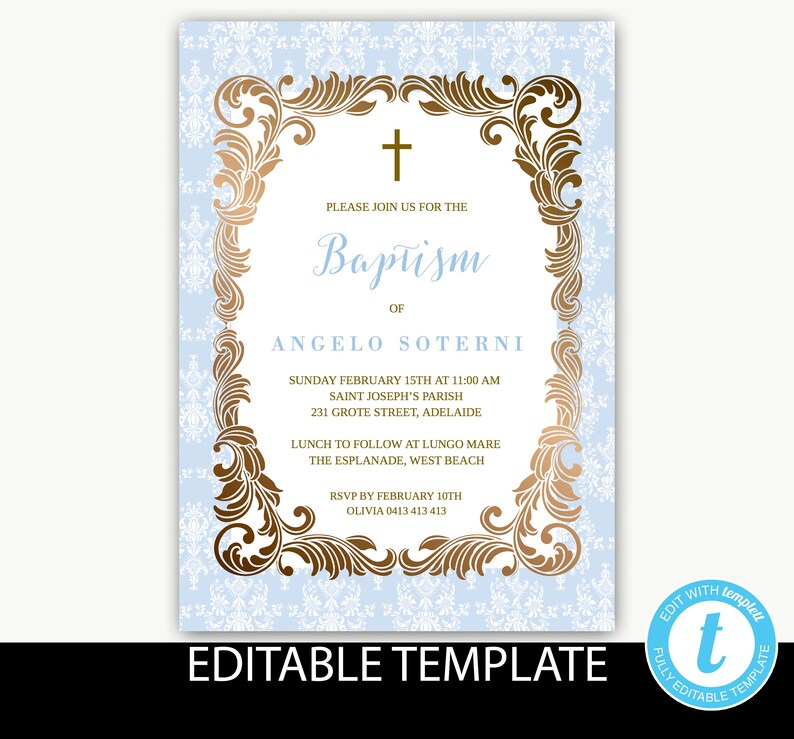 Baptism Invitation boyInstant DownloadChristening inviteblue damaskInstant DownloadEditable templateHoly CommunionConfirmation-Angelo