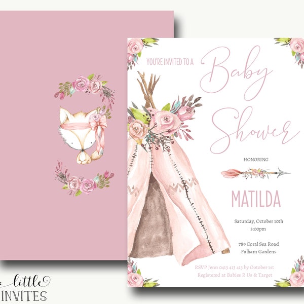 Bridal shower Teepee invitations/teepee birthday invitation/it's a girl baby shower invitation/boho invitation/woodland/editable-Matilda