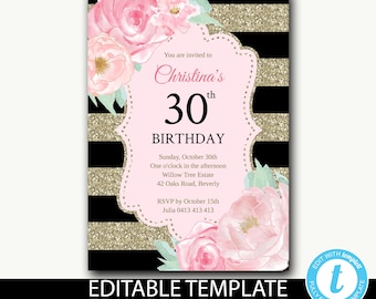 30th Birthday Invitation instant download/floral birthday invitation/21st birthday/40th birthday/editable template/gold black pink-Christina