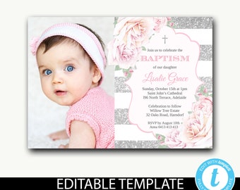Baptism Invitation girl instant download/Baptism invitations pink silver/floral invitation/Editable template/Confirmation/Communion-Lisalie