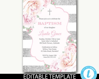 Baptism Invitation girl photo/baptism invitation instant download/pink silver glitter/floral invitation/Editable template/Communion-Lisalie