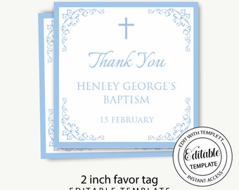 Baptism favor tag blue and white/Instant Download/editable template/thank you tags/bonbonniere/favor tags/christening/Holy Communion-Henley