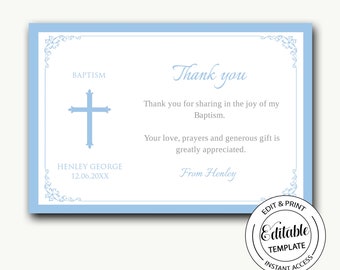 Thank you card instant download/blue and white thank you card/baptism thank you note/printable/4x6/editable template/thank you note-Henley
